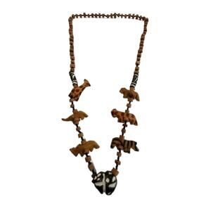 Vintage Safari Animal Fetish Charm Necklace, Carved Wood Animals Necklace